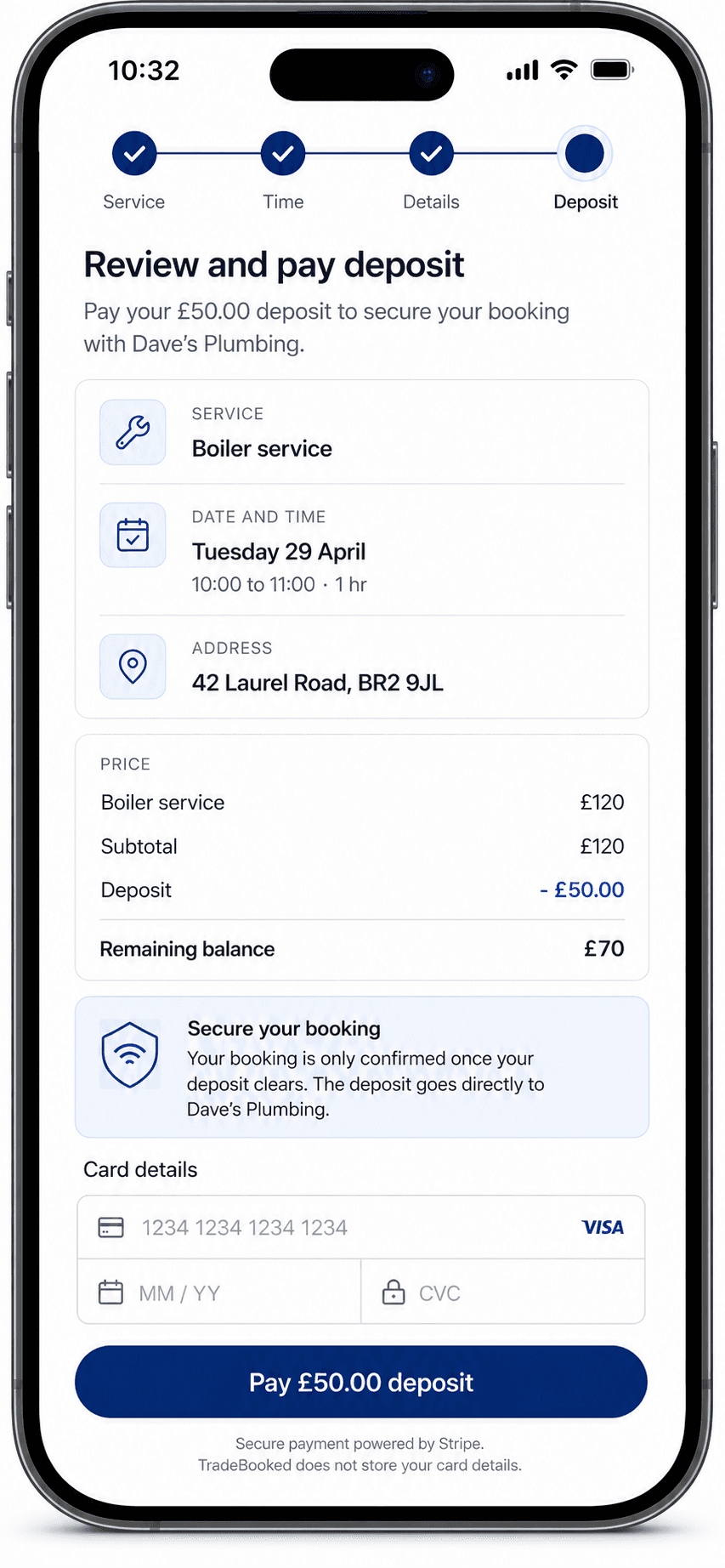 TradeBooked deposit screen on an iPhone, confirming a boiler service booking and paying a £50 deposit