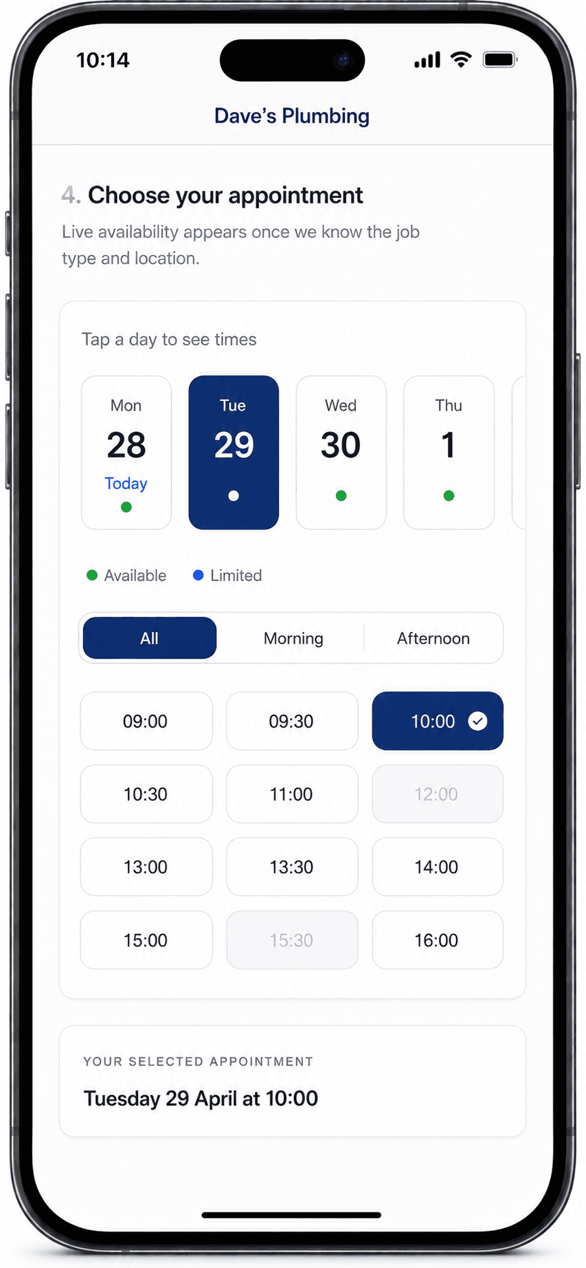 TradeBooked online booking page showing live appointment times