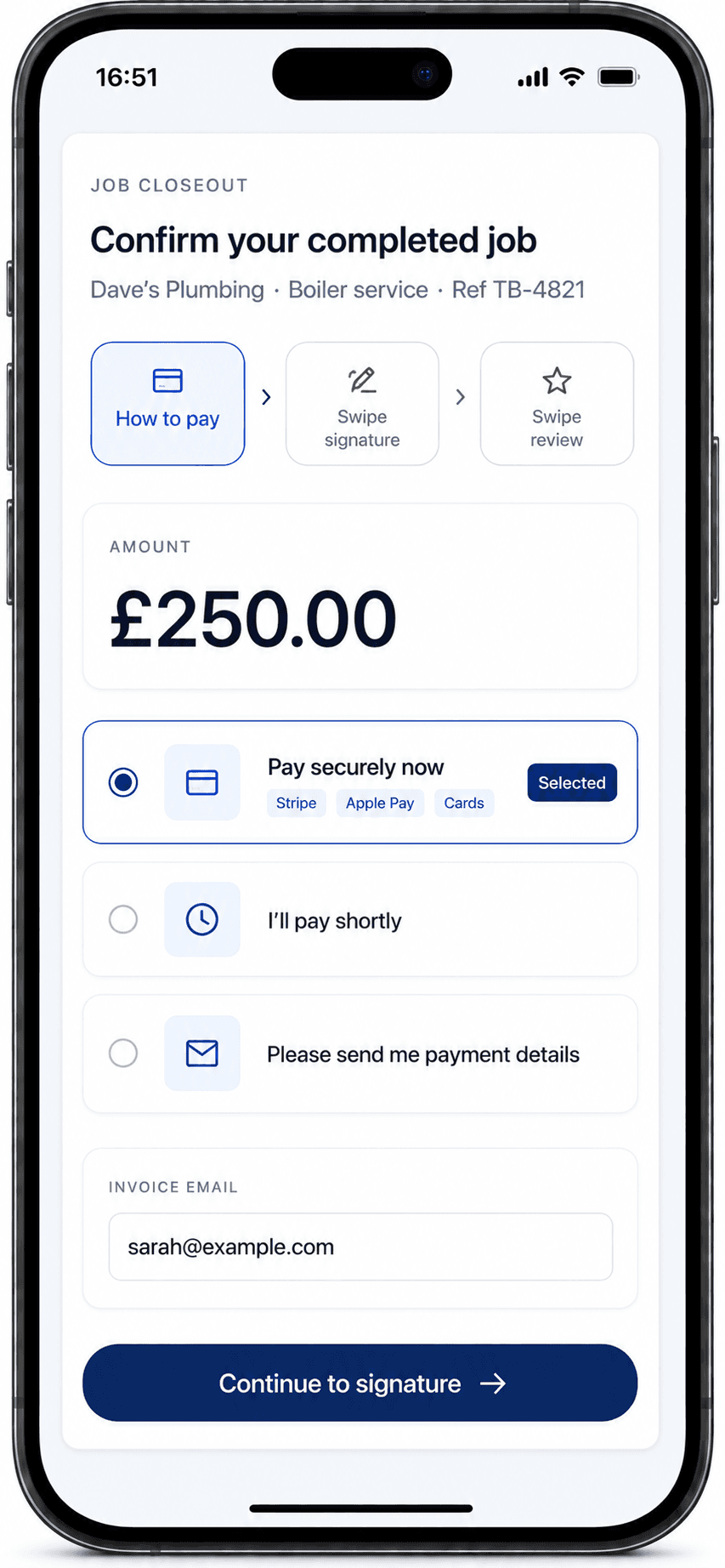 TradeBooked closeout screen showing the amount due and pay options