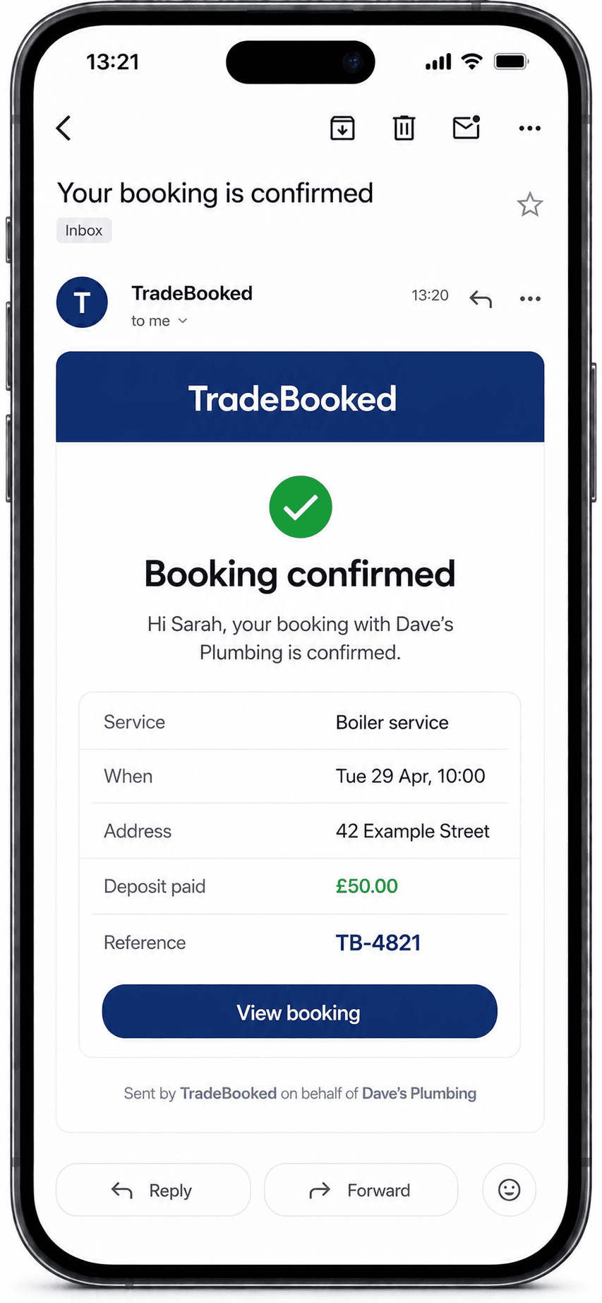 TradeBooked booking confirmation email with the job details