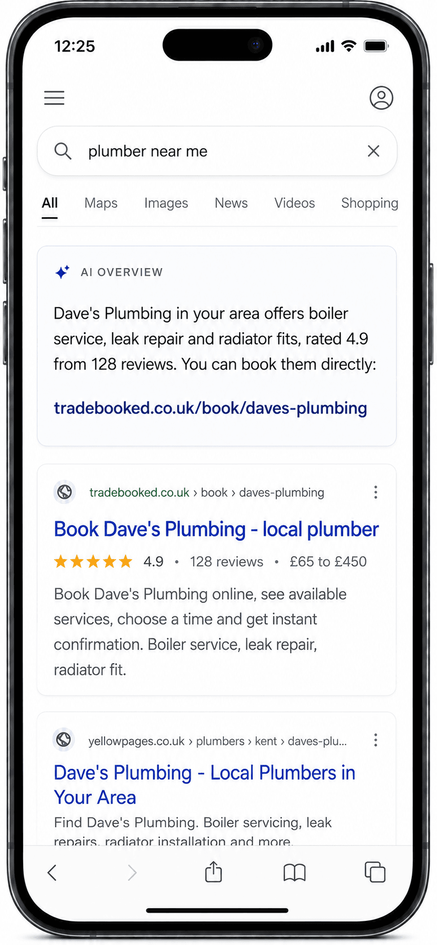 A search result and AI answer pointing directly to a TradeBooked booking page