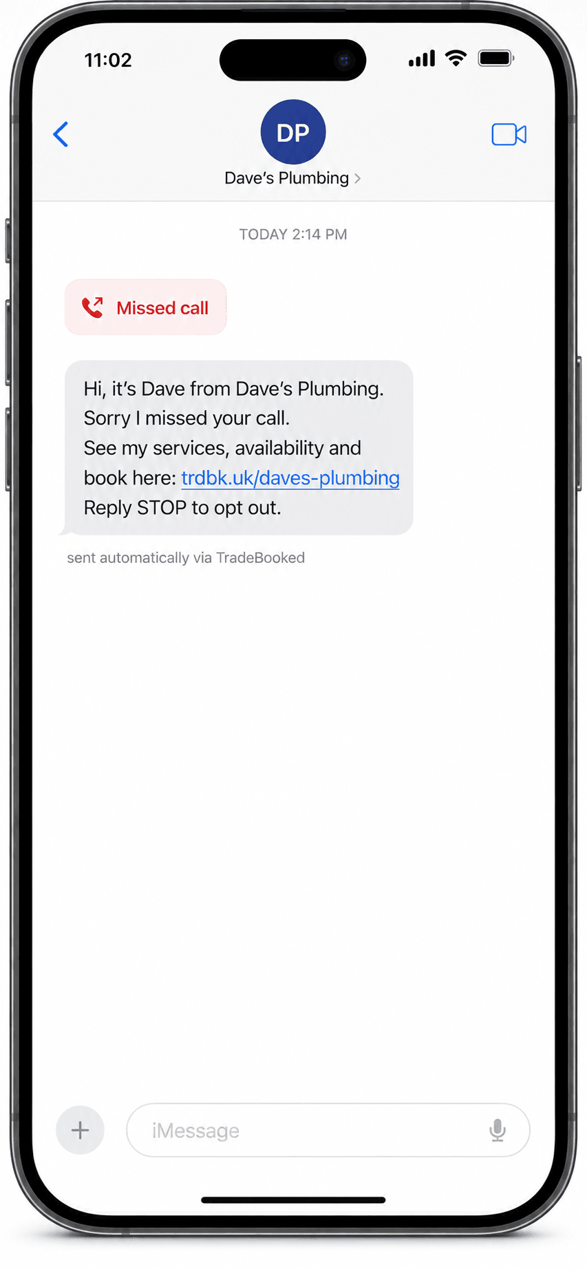Missed call followed by an automatic TradeBooked booking-link text on an iPhone
